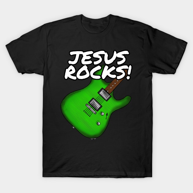 Jesus Rocks Electric Guitar Church Guitarist (Green) T-Shirt by doodlerob